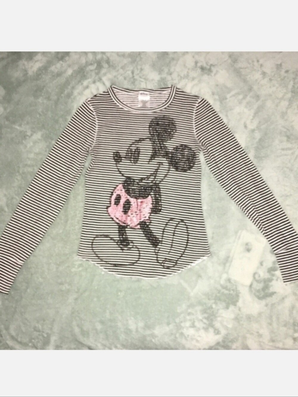 Disney Micky Mouse Top Waffle Knit Black White Striped Girls Size Medium Shirt - Picture 8 of 9